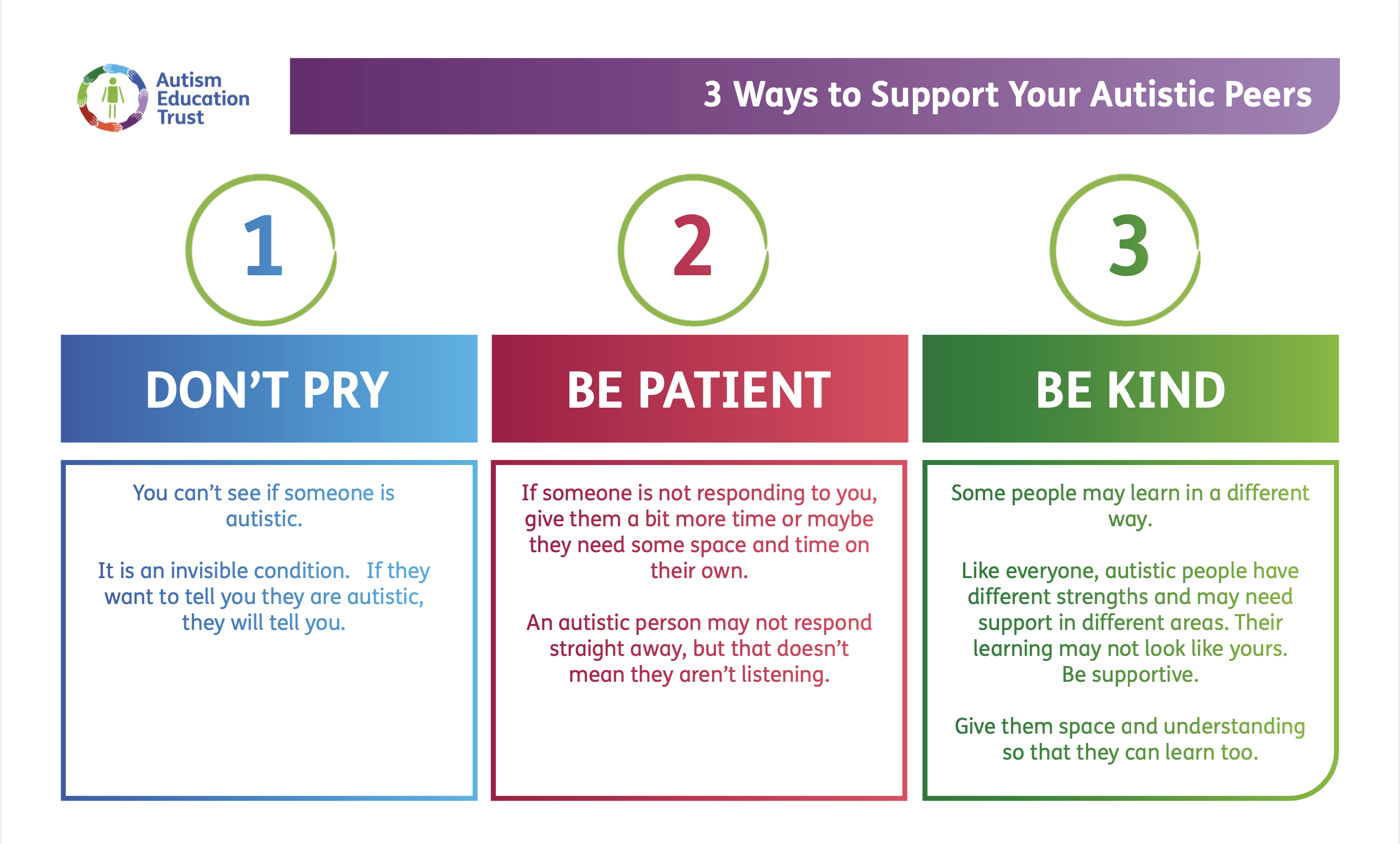 Click '3 Ways to Support Your Autistic Peers PDF' for accessible PDF version