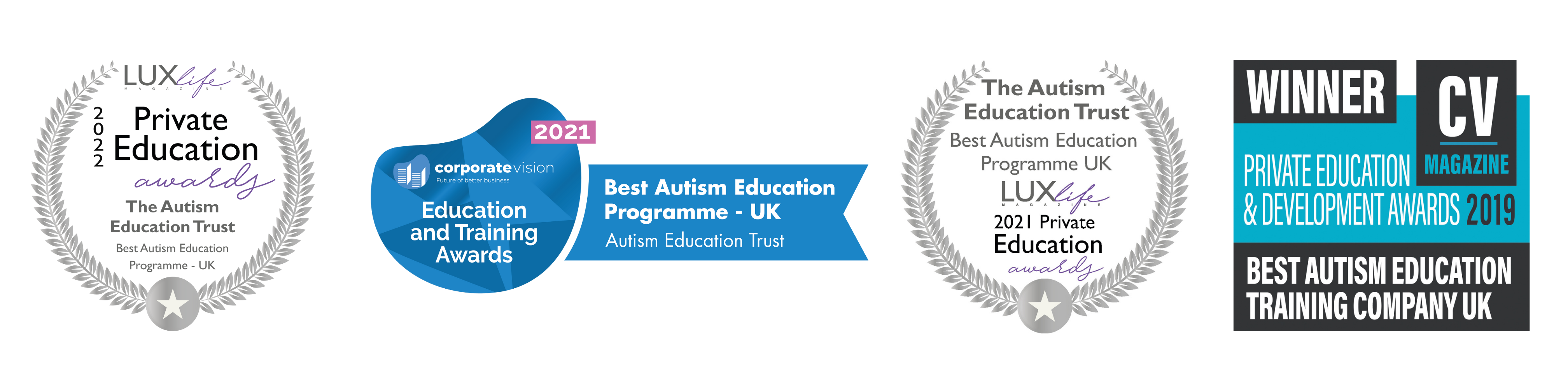AET Awards logos, Private Education Awards: Best Autism Education Programme 2022, Education and Training Awards: Best Autism Education Programme UK 2021, Private Education Awards: Best Autism Education Programme 2021, Private Education and development awards: Best Autism Education Training Company 2019