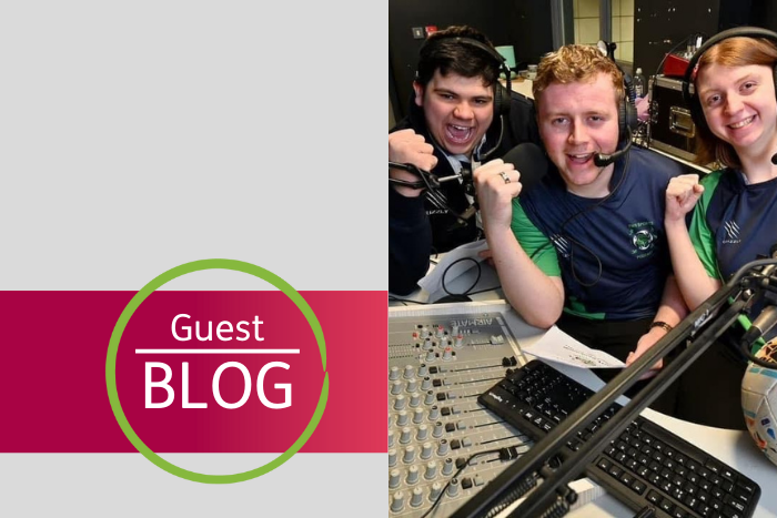 Image shows 'Guest Blog' with a group of young people sitting in front of recording equipment. They all hold a fist in the air and look celebratory. 