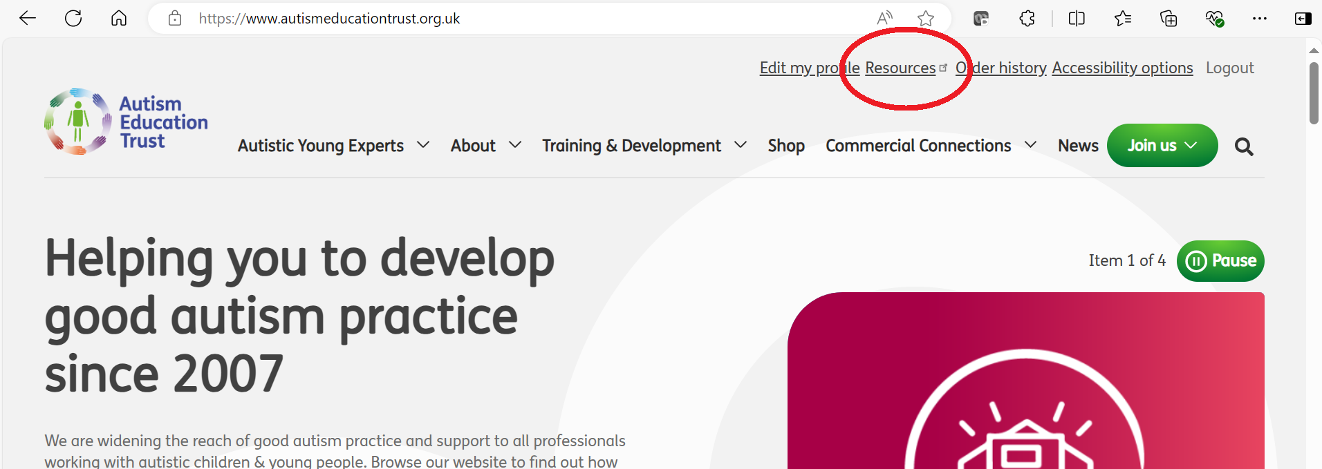 Red circle around 'resources' link in the menu bar.
