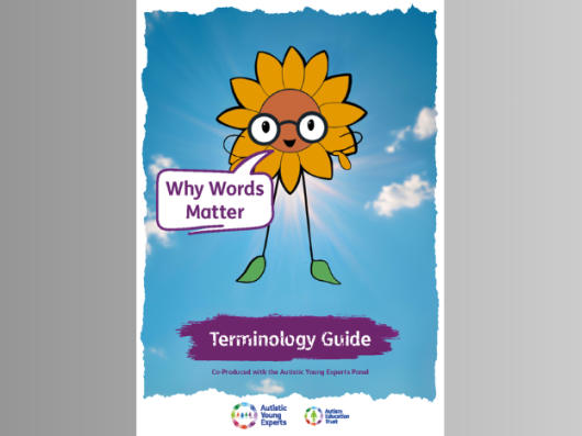 Terminology Guide Cover image: A sunflower with a speech bubble that reads: Why Words Matter.
