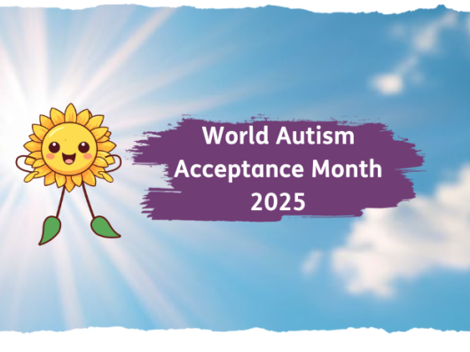 Blue sky background with a sunflower with a smiley face and the words 'World Autism Acceptance Month 2025'
