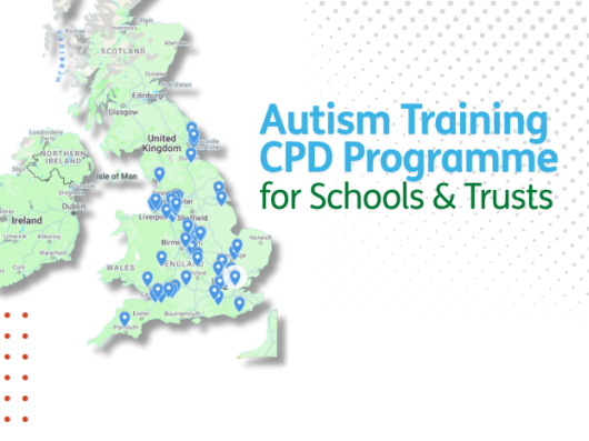 a map with pins for places in the UK that are part of the AET work based CPD programme