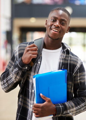 Post 16 student in backpack holding school folder and smiling