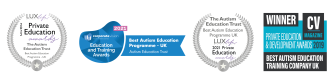 AET Awards logos, Private Education Awards: Best Autism Education Programme 2022, Education and Training Awards: Best Autism Education Programme UK 2021, Private Education Awards: Best Autism Education Programme 2021, Private Education and development awards: Best Autism Education Training Company 2019