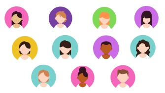 Animated avatars of the autistic young experts panel. 11 faceless cartoon headshots with colourful backgrounds can be seen.