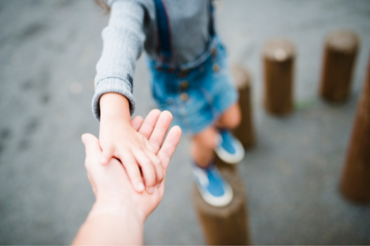 Close up of child's hand holding adult's. 