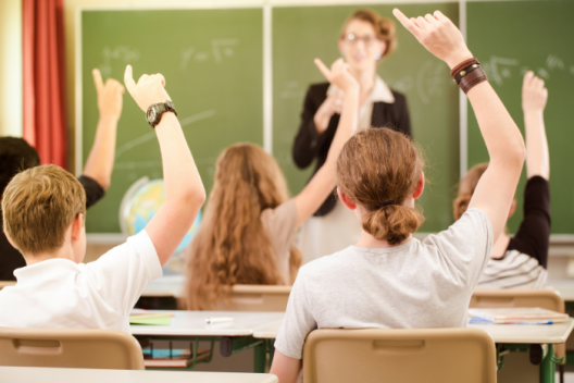 Pupils raising hands in classroom, facing teacher at front. 