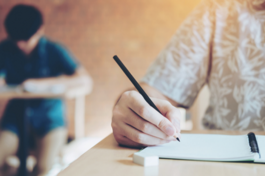 Close up on pencil and notepad, child in background concentrating, looking down at own desk.