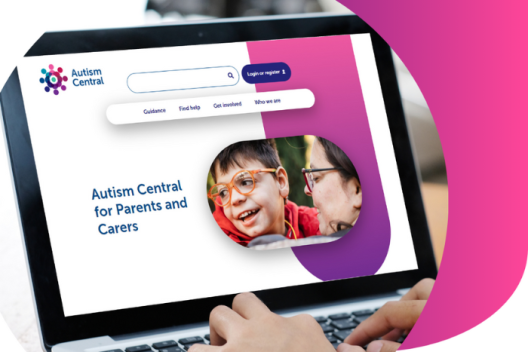 Laptop screen shows Autism Central Website. The page shown reads: Autism Central for Parents and Carers
