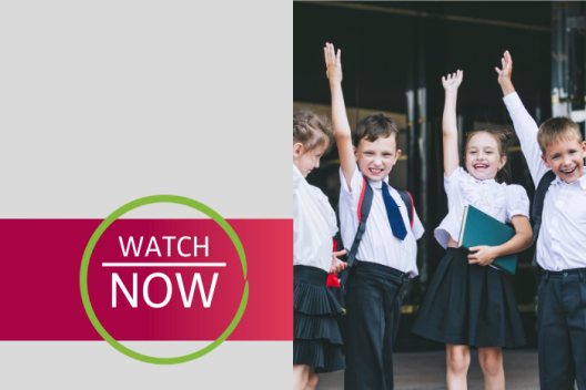 A graphic reads: 'watch now'. Next to it, a group of primary school children stand in front of a school building, cheering.