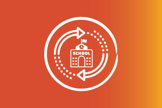 A graphic showing a school building with circular arrows around it. 