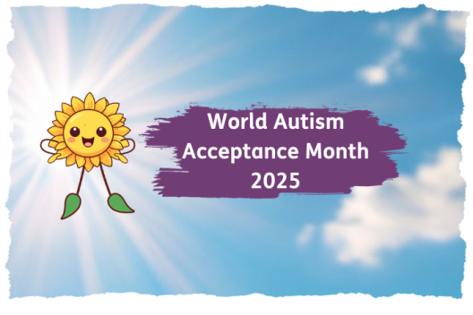 Blue sky background with a sunflower with a smiley face and the words 'World Autism Acceptance Month 2025'