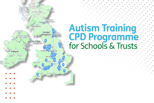 a map with pins for places in the UK that are part of the AET work based CPD programme