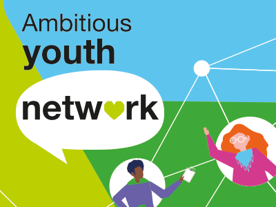 Ambitious Youth Network Graphic. Two cartoon people reaching out of their own bubble on a map-like structure. 