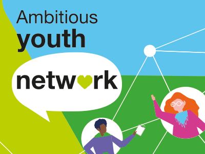 Ambitious Youth Network Graphic. Two cartoon people reaching out of their own bubble on a map-like structure.