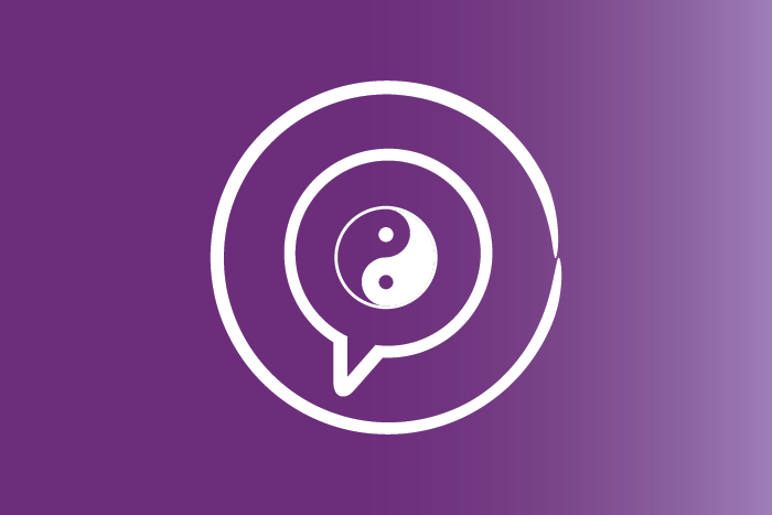 A graphic showing a speech bubble with a yin and yang symbol symbol in the middle.
