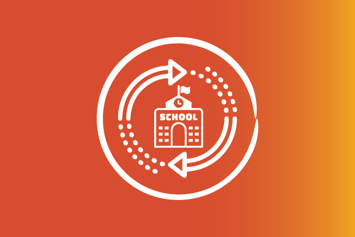 A graphic showing a school building with circular arrows around it.